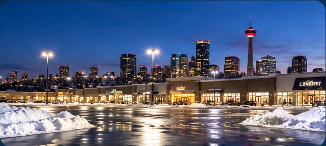 Cleared commercial parking lot in Calgary with the Calgary skyline and Calgary Tower in the background