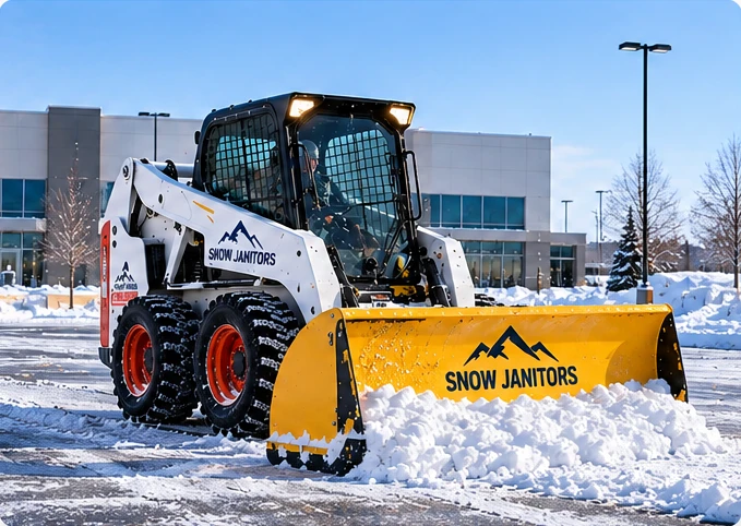 Skid steer clearing snow from a Calgary commercial parking lot